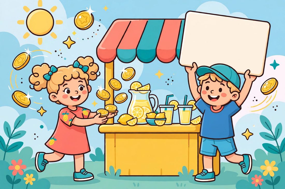 Two happy kids running a lemonade stand with floating coins