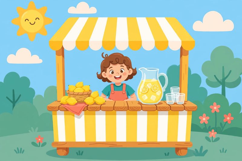 Smiling kid tending a lemonade stand
