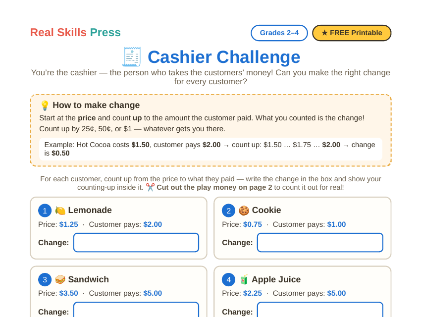 Cashier Challenge free making-change worksheet for kids